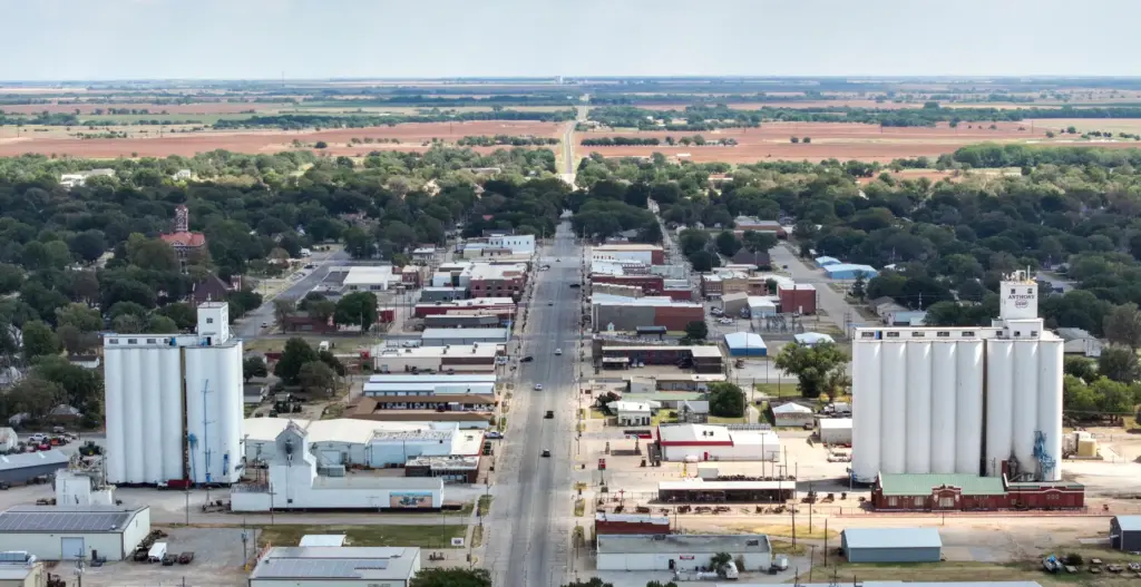 Grain elevators flank Main Street in Anthony, Kansas, on Sunday,...