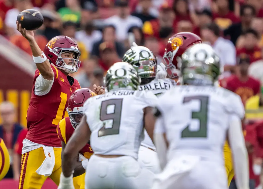 USC quarterback Jayden Maiava (14) throws the ball during a...