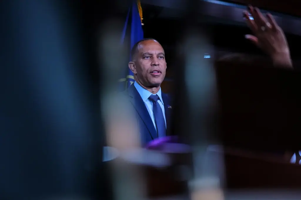 House Minority Leader Hakeem Jeffries, D-N.Y., speaks during a news...