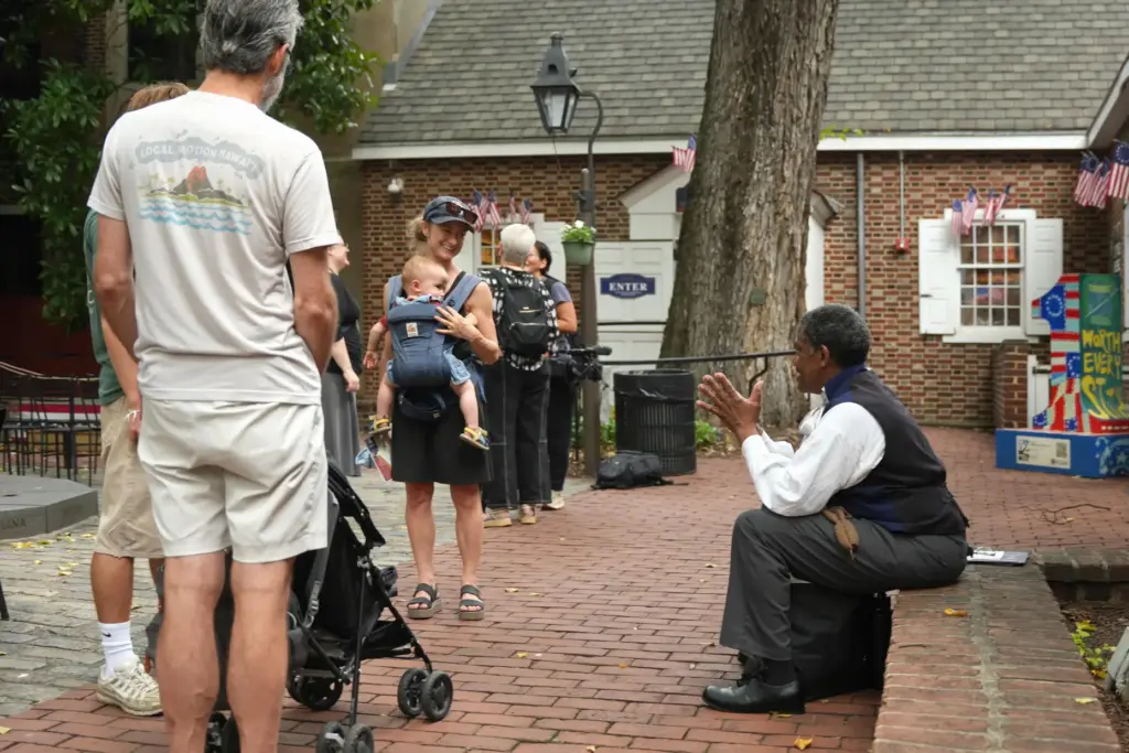 Historic reenactor Keith Henley, performing as the abolitionist James Fowler,...