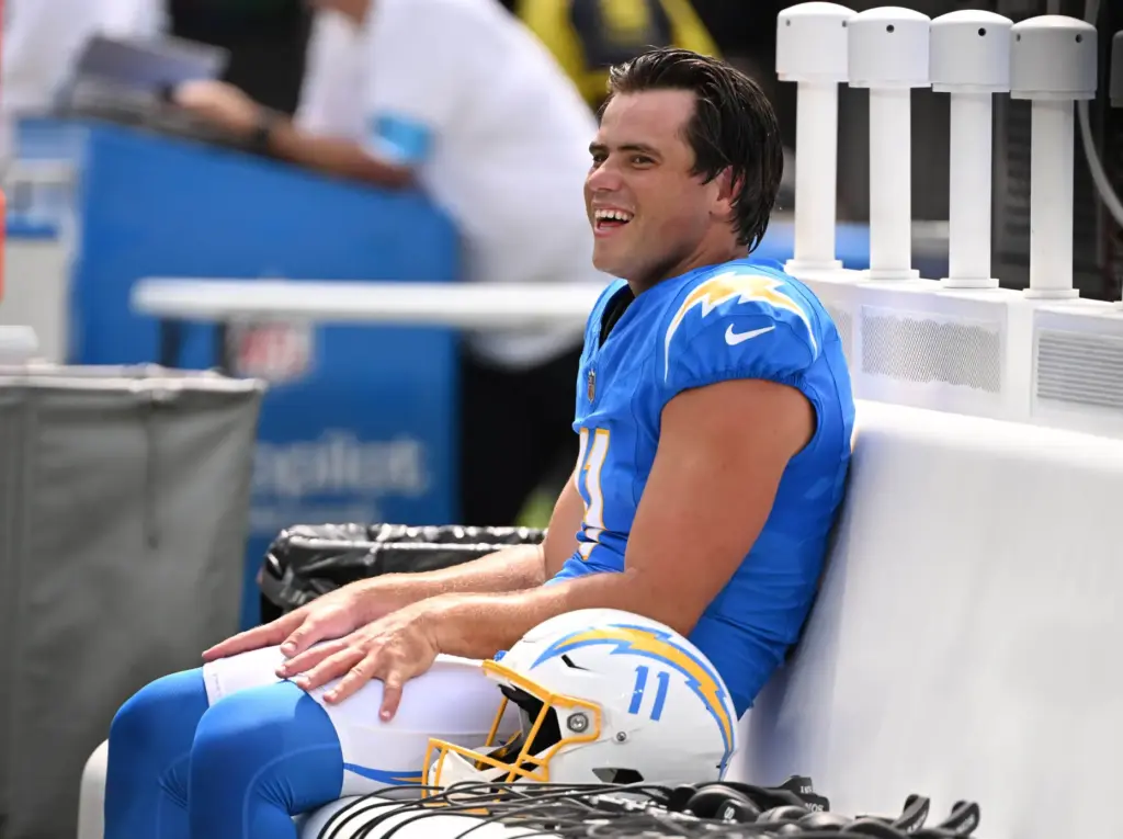 Chargers place kicker Cameron Dicker (11) prior to an NFL...