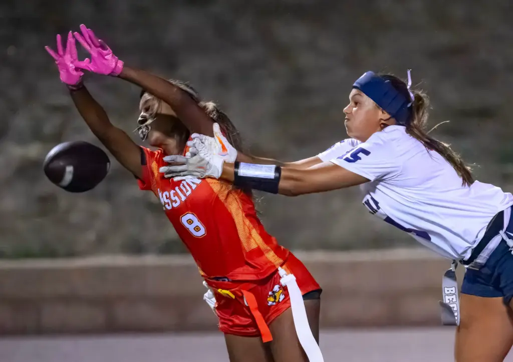 Mission Viejoâs Shai Walker, left, breaks up a pass intended...