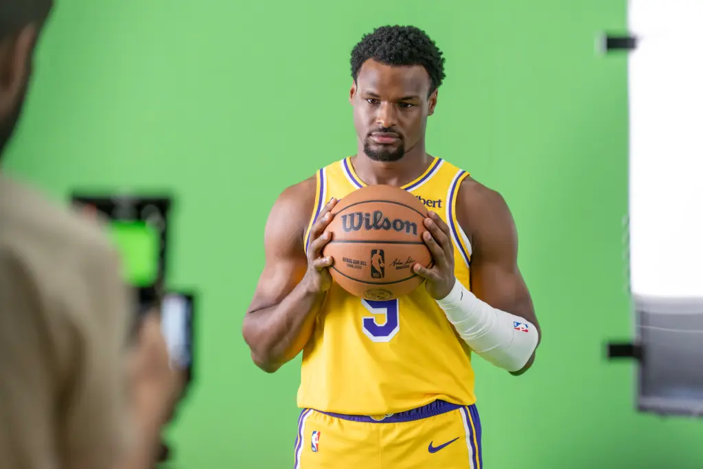 Lakers guard Bronny James poses for photographs during the team’s...