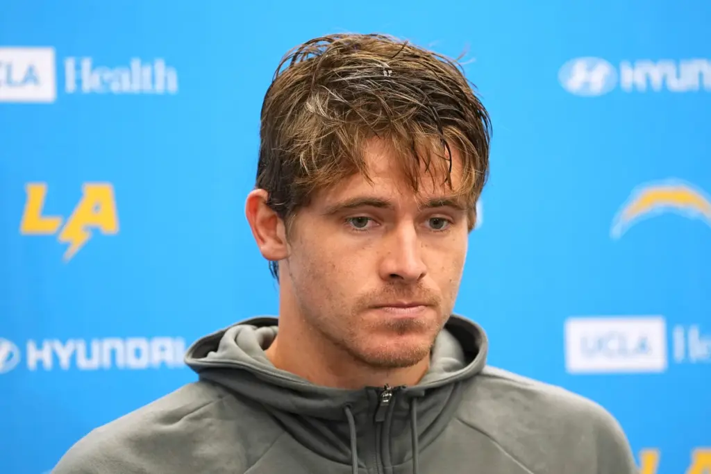 Chargers quarterback Justin Herbert speaks during a news conference after...