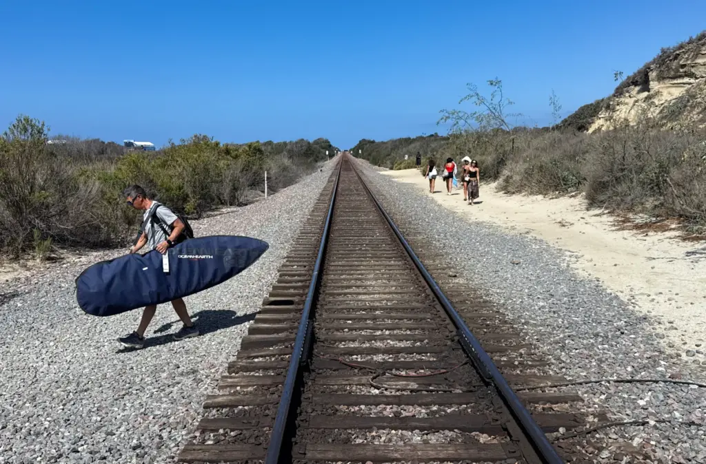 Visitors to Lower Trestles cross railroad tracks to get to...
