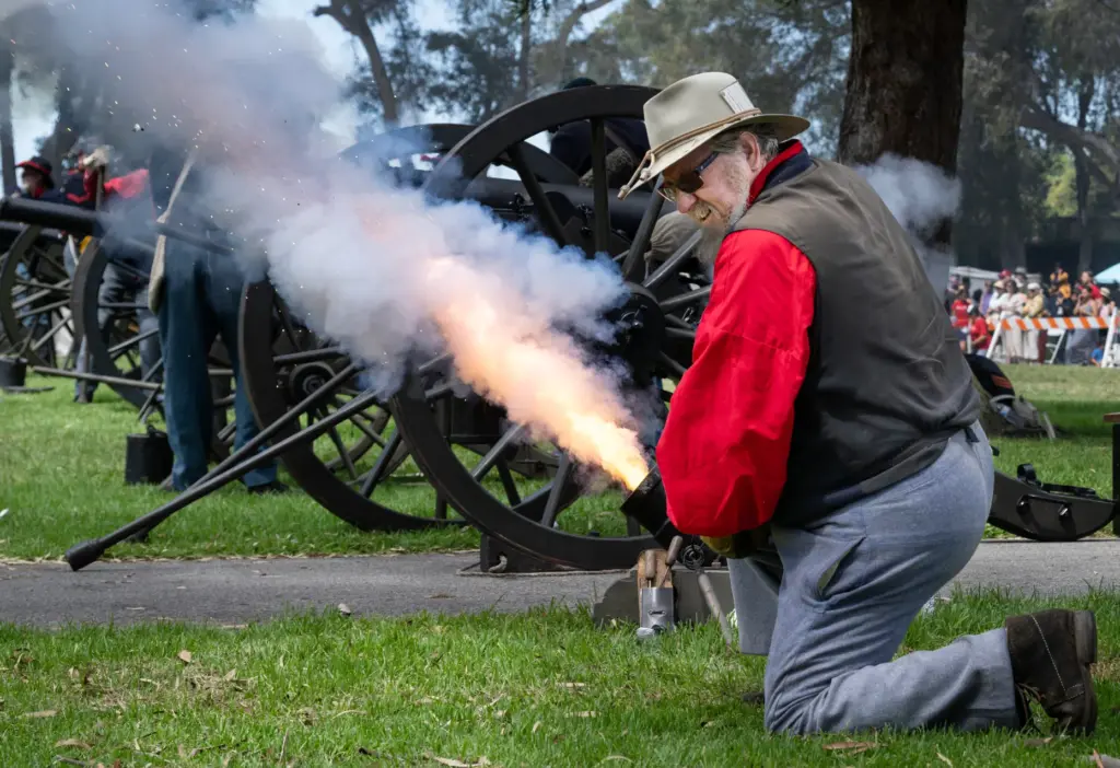 CivilÂ War reenactors representing the Union fire cannons during the annual...