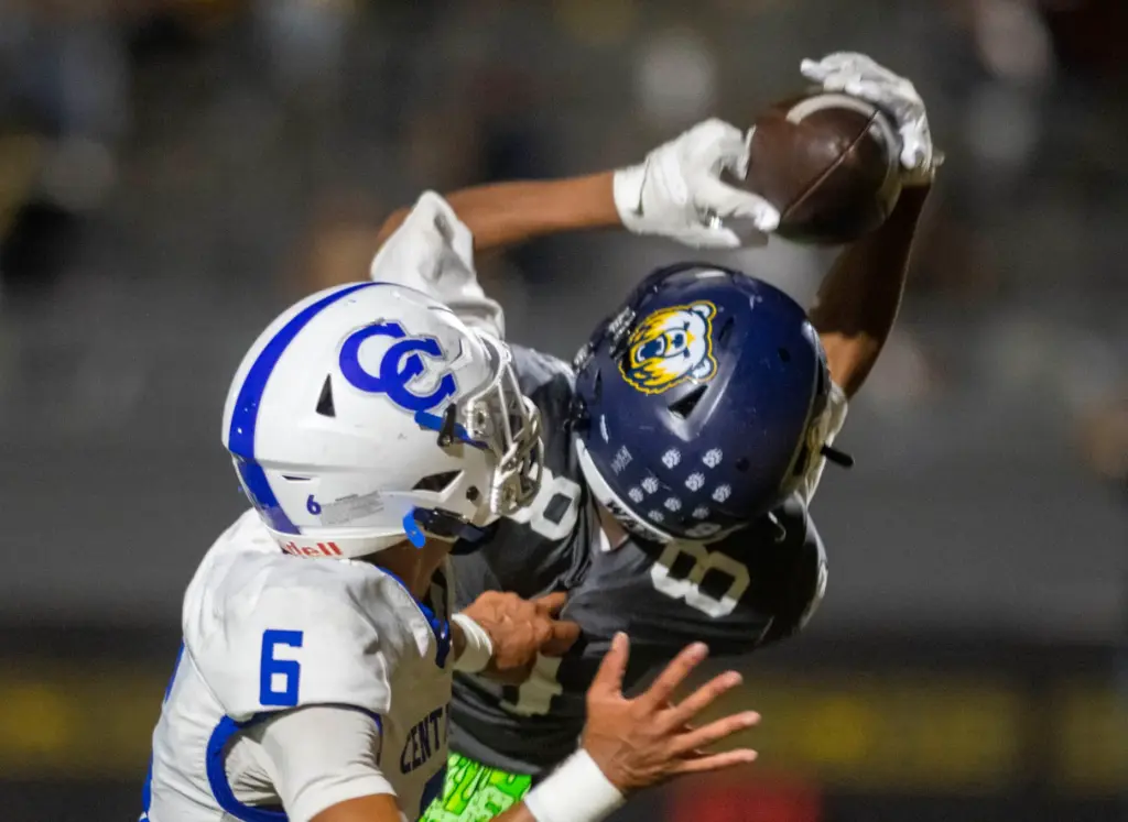 Warren’s Dylan Thompson (8) pulls in a touchdown pass as...