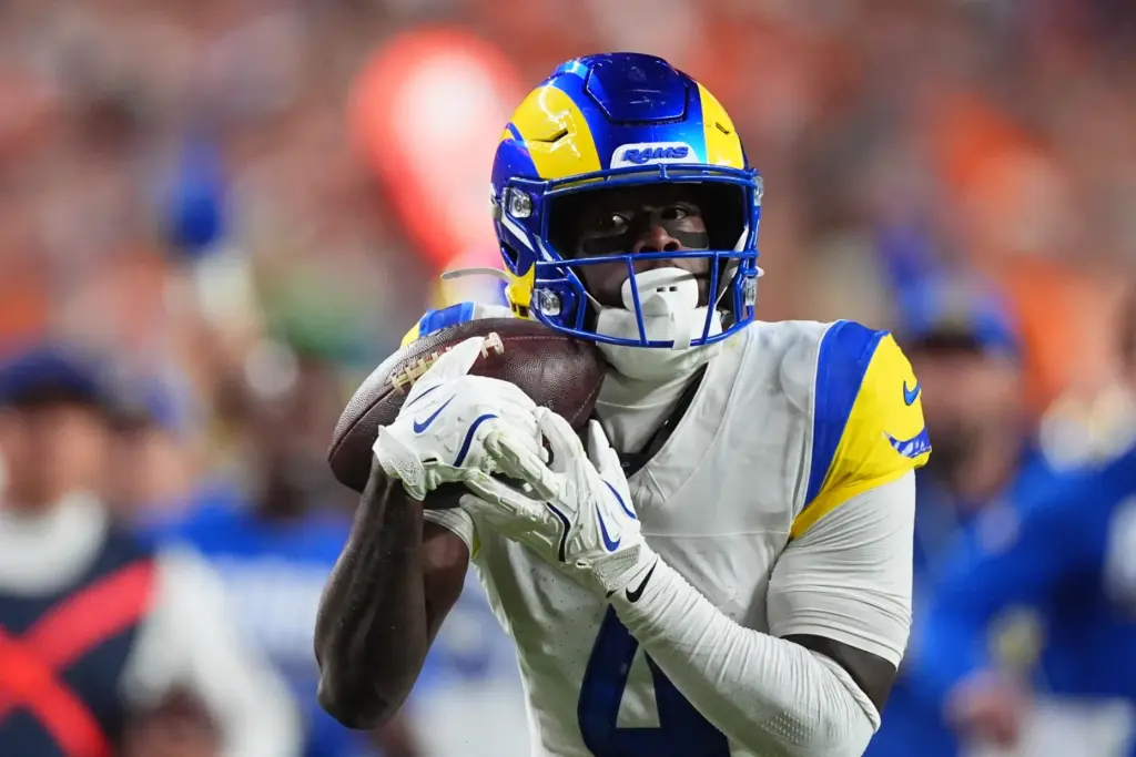 Rams wide receiver Konata Mumpfield catches a touchdown pass against...