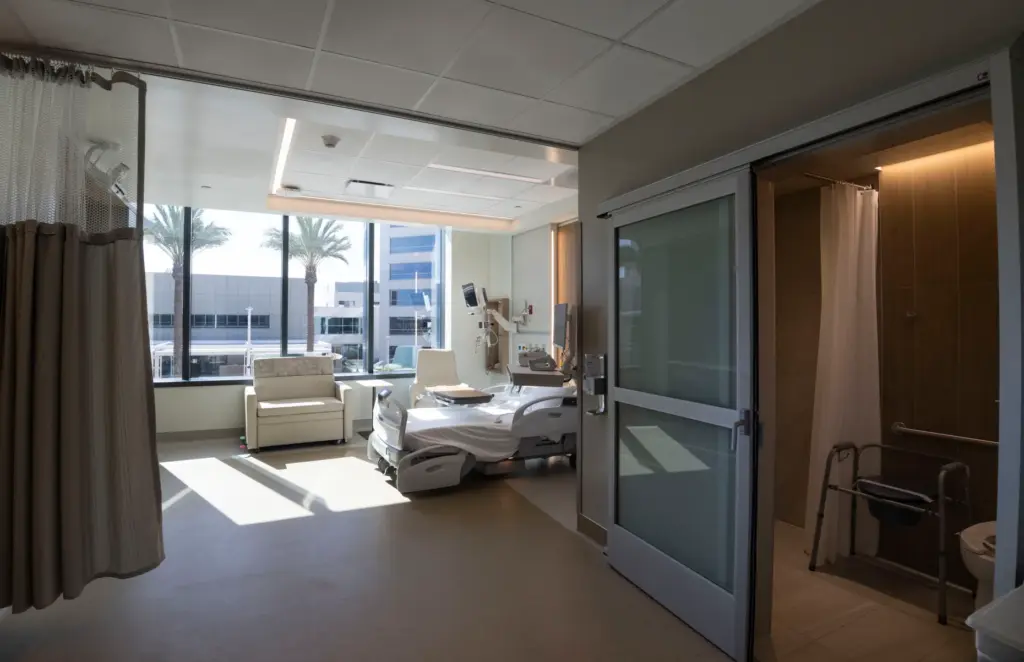 A Cancer and Digestive Hospital patient room at Hoag Irvine...