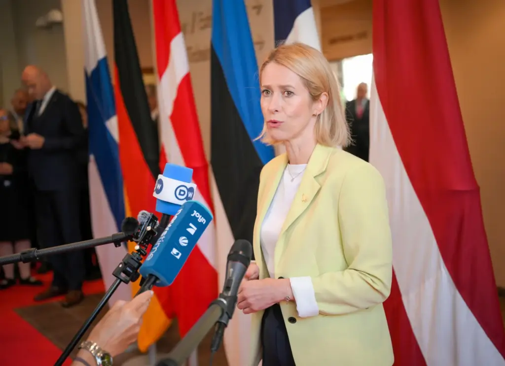 European Commission Vice-President Kaja Kallas speaks to the media during...
