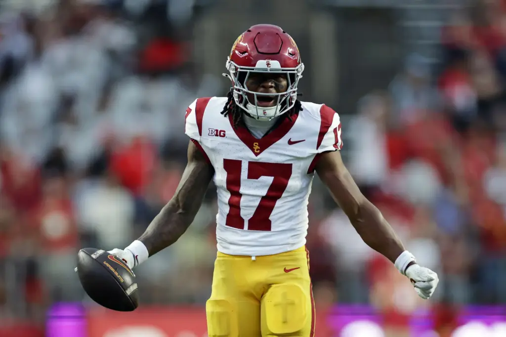 USC wide receiver Kayden Dixon-Wyatt (17) reacts after making a...