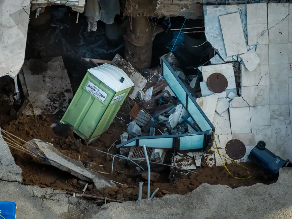 An aerial view of a sinkhole which collapsed the driveway...
