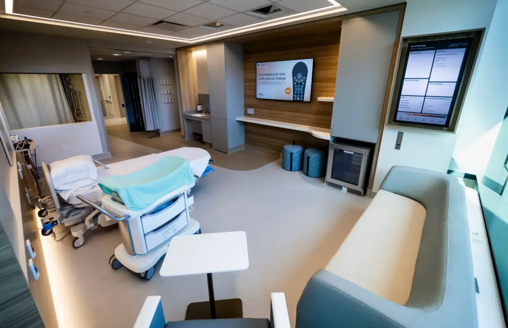 A birthing suite with a deep tub with a privacy...