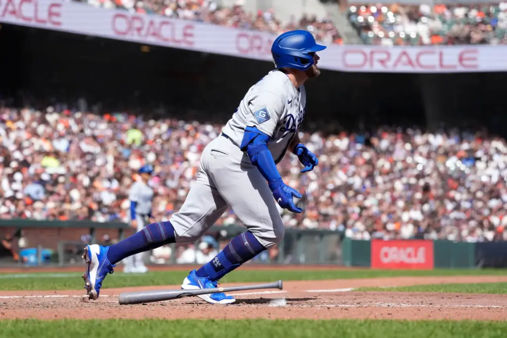 Dodgers’ Max Muncy hits a single against the San Francisco...