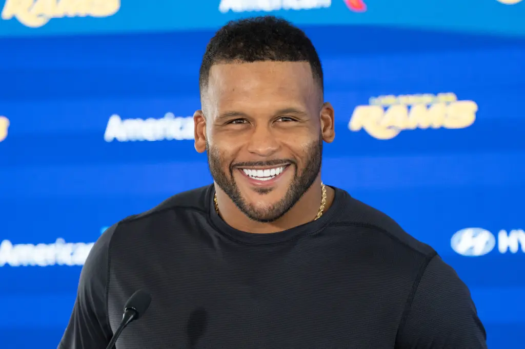 Rams defensive lineman Aaron Donald speaks to the media during...