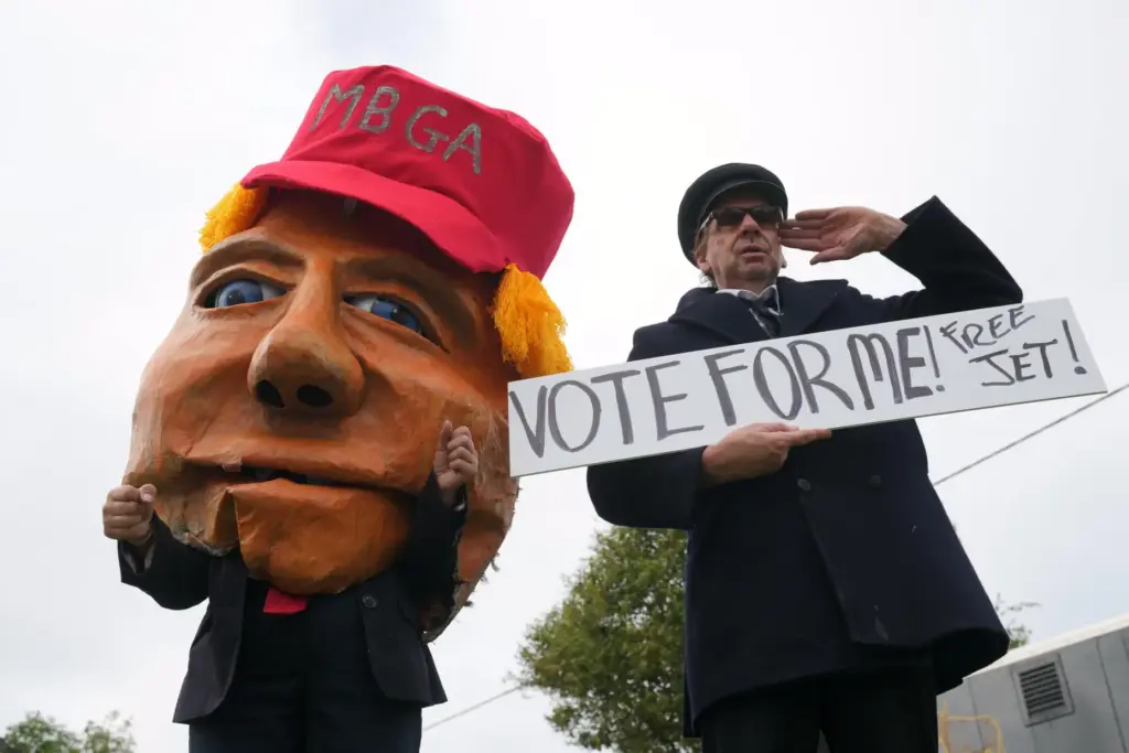 Protesters mocking U.S. President Donald Trump demonstrate near the Irish...