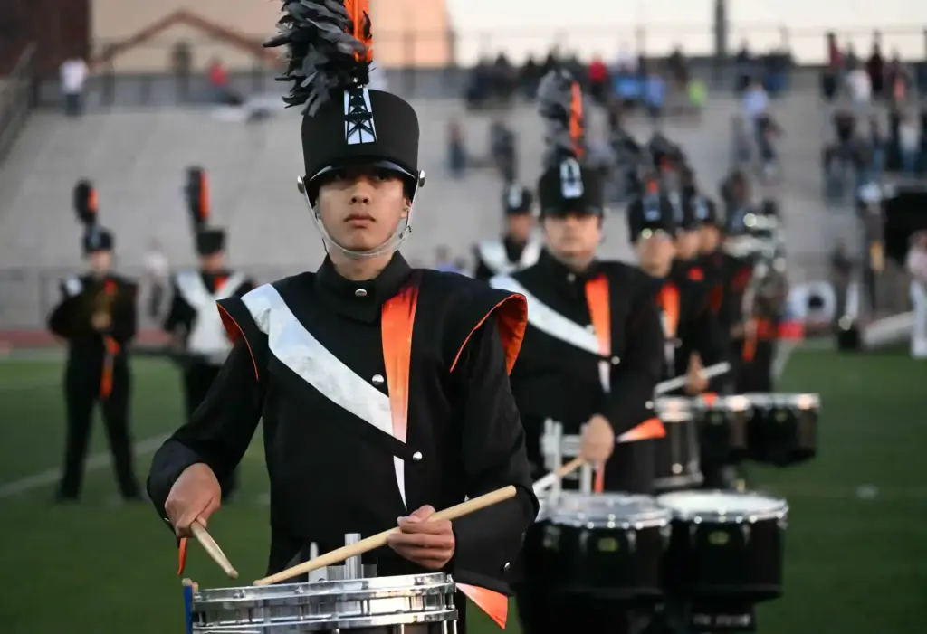 The Huntington Beach Marching Band plays the National Anthem, September...