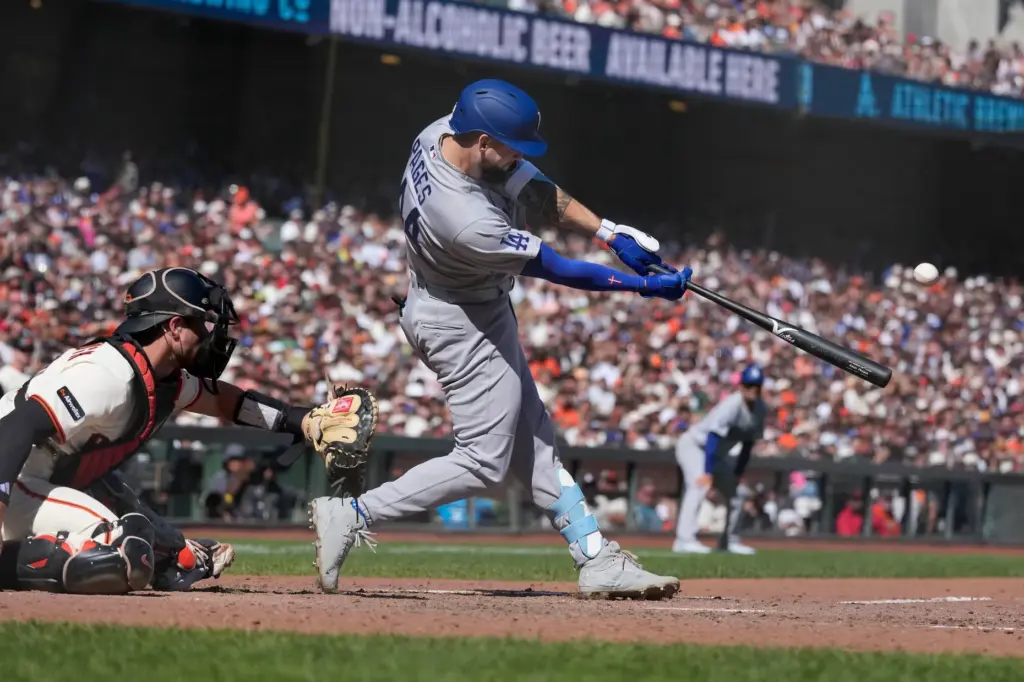 Dodgers’ Andy Pages hits a 3-run home run against the...