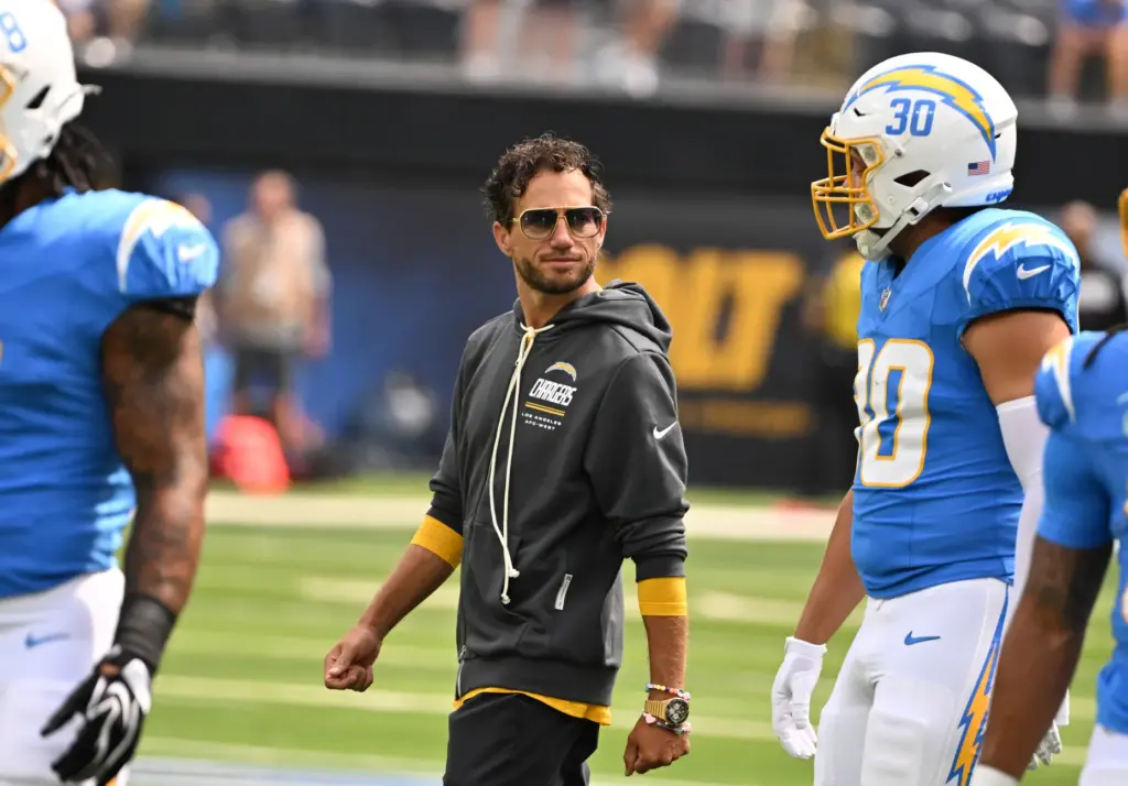 Chargers offensive coordinator Mike McDaniel prior to an NFL football...