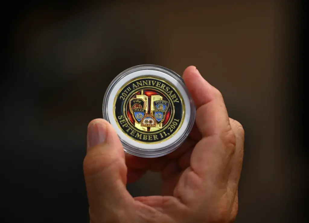 A challenge coin from retired firefighter Fernando Negrete in Anaheim,...
