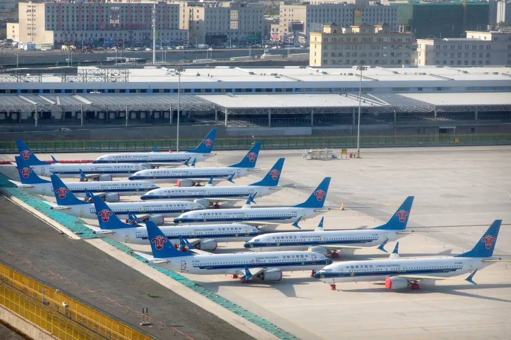 China Southern Airlines Boeing 737 Max airplanes are parked.