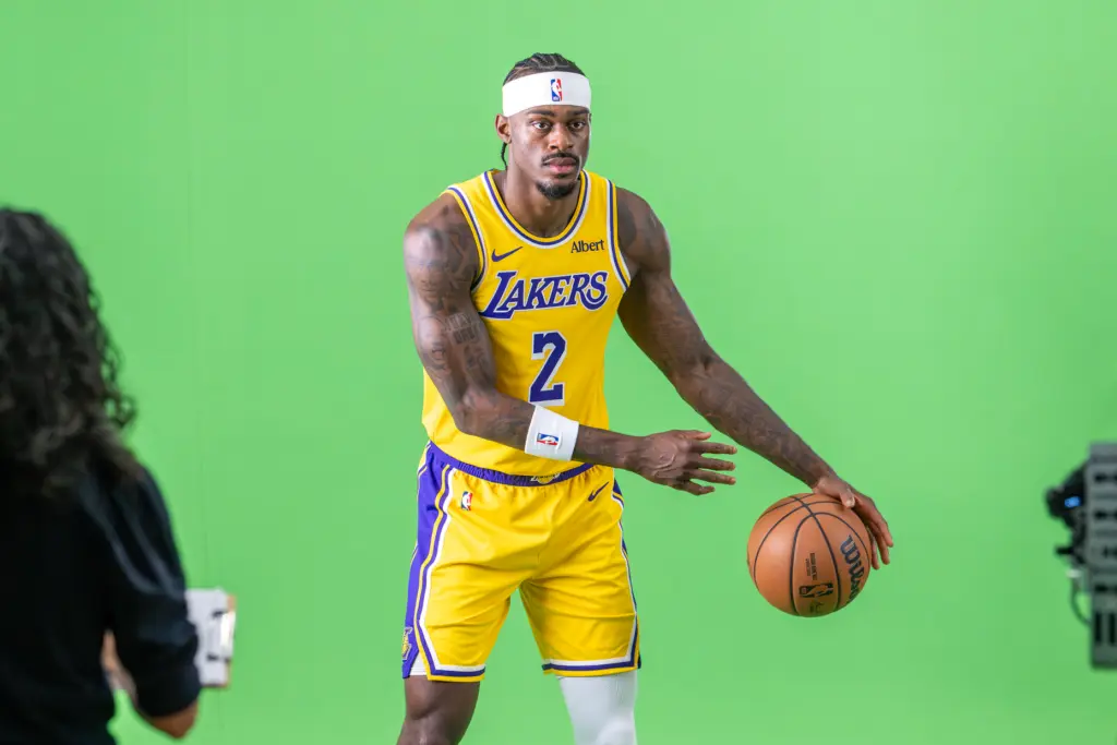 Lakers forward Jarred Vanderbilt poses for photographs during the team’s...