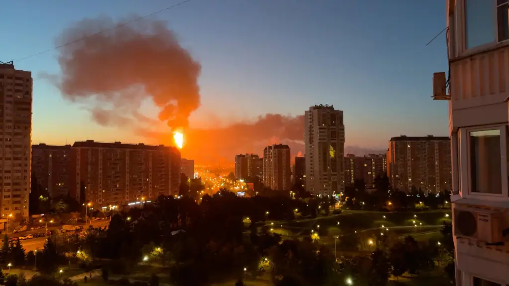 Flame and smoke is seen rising from Moscow’s oil refinery...