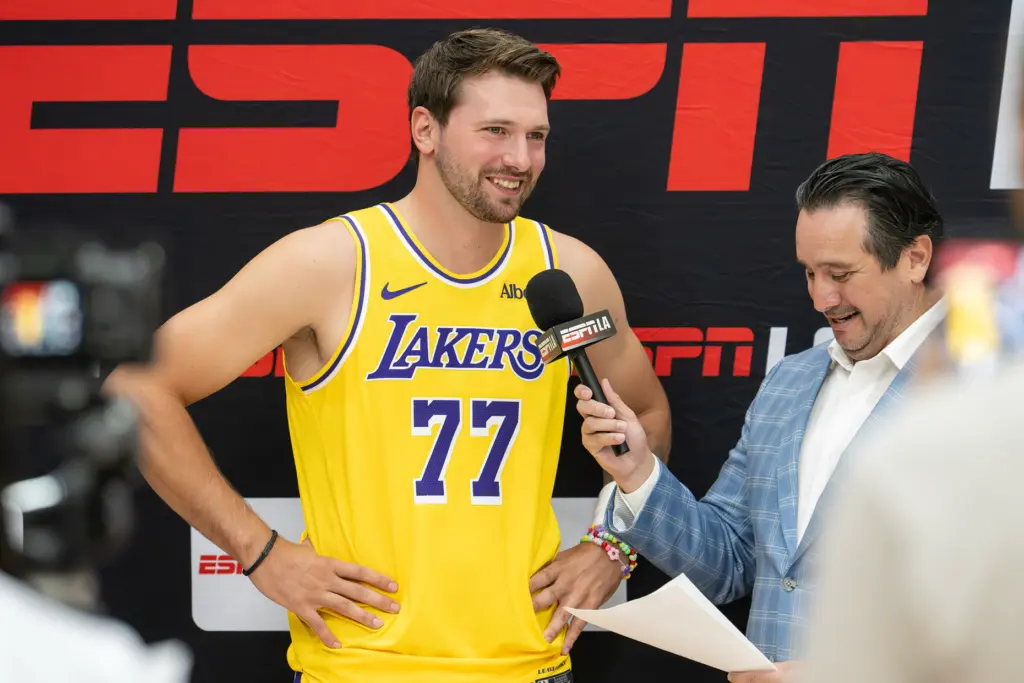 Lakers star Luka Doncic does an interview during the team’s...