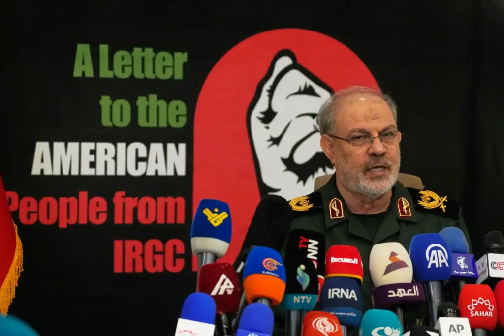 Iran's Revolutionary Guard spokesman Gen. Hossein Mohebbi speaks during a news conference.