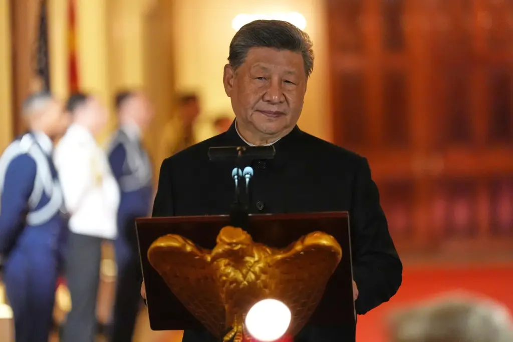 China's President Xi Jinping speaks during a State Dinner with President Donald Trump.