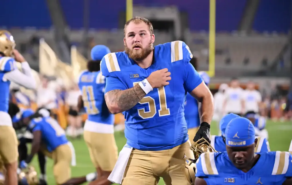 Offensive lineman Riley Robell (51) of the UCLA Bruins prior...