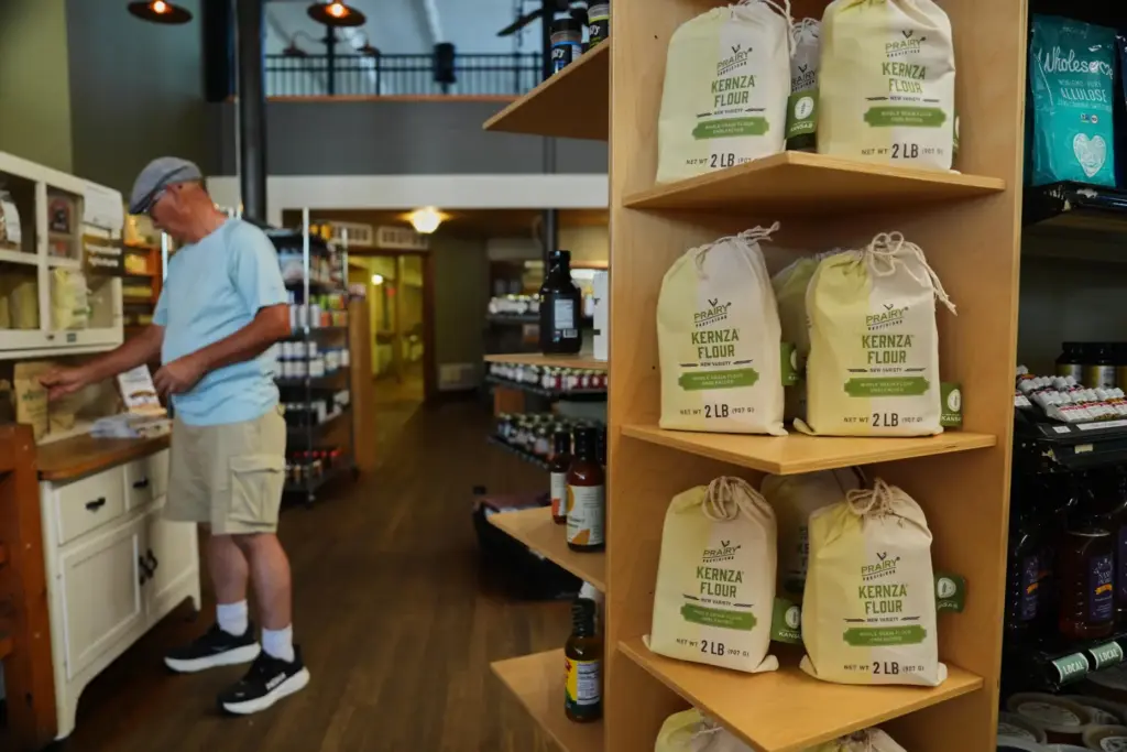 Bags of Kernza flour sit on display at Prairy in Newton, Kansas.
