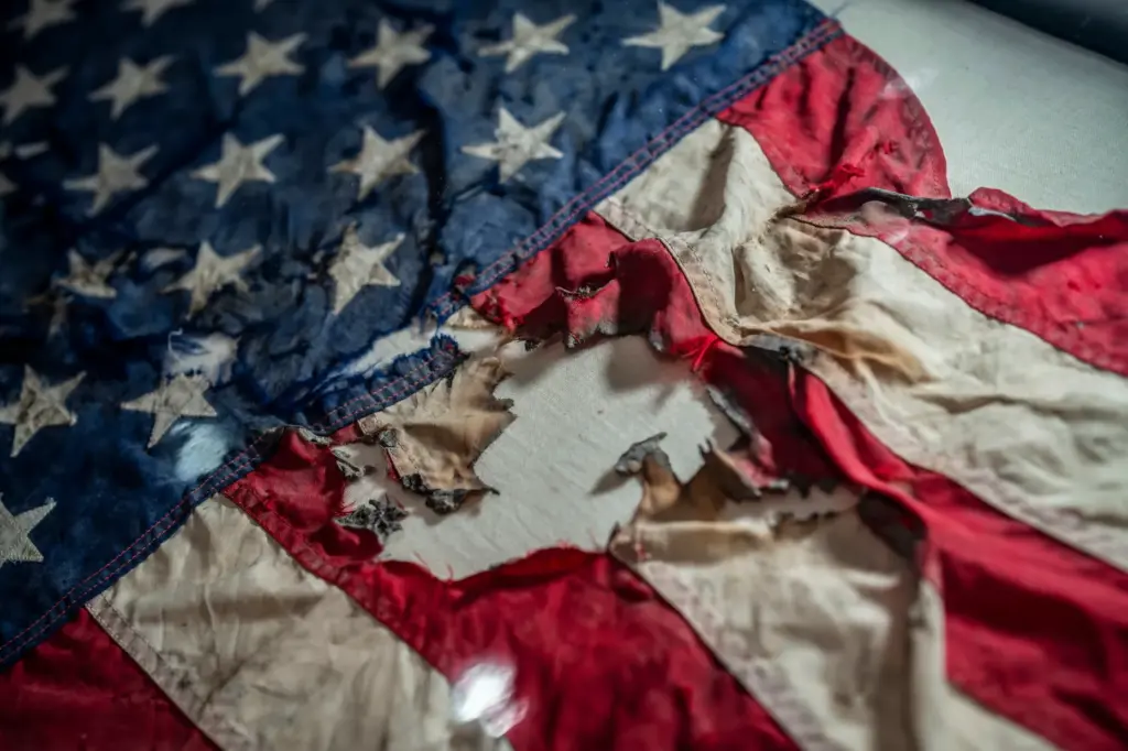 A badly damaged flag recovered from the World Trade Center...