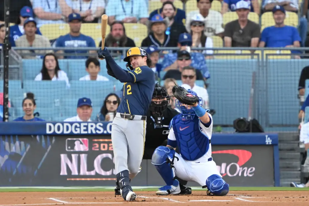The Milwaukee Brewers’ Brice Turang strikes out swinging during the...