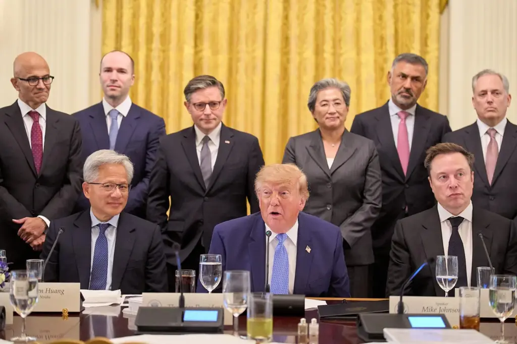 President Donald Trump next to Nvidia CEO Jensen Huang and Elon Musk.