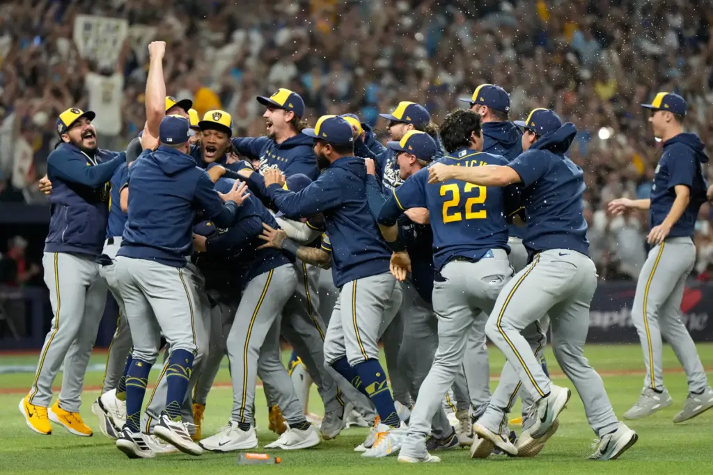 The Milwaukee Brewers celebrate after winning baseball’s World Series against...