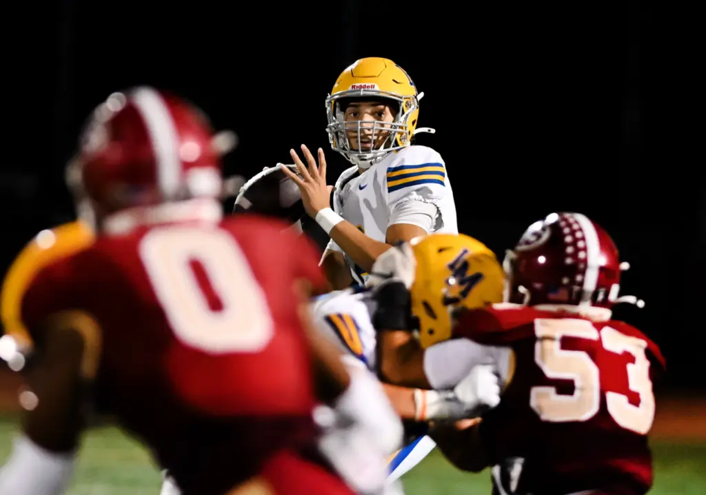 La Mirada Matadores quarterback Isaac Cuevas (12) prepares to pass...
