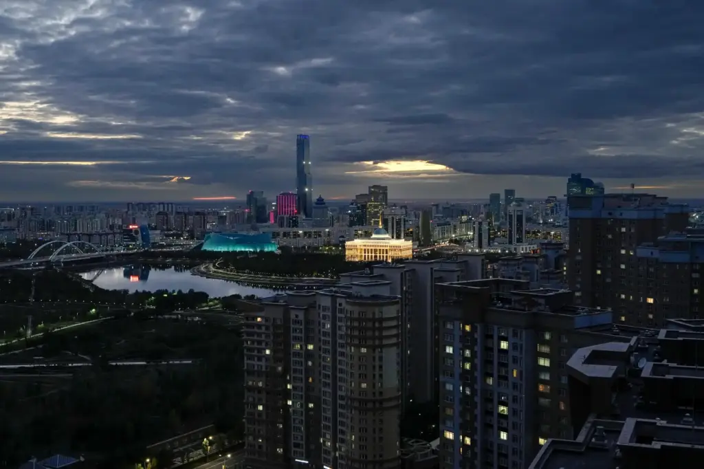 FILE – A night view of the capital Astana, Kazakhstan,...