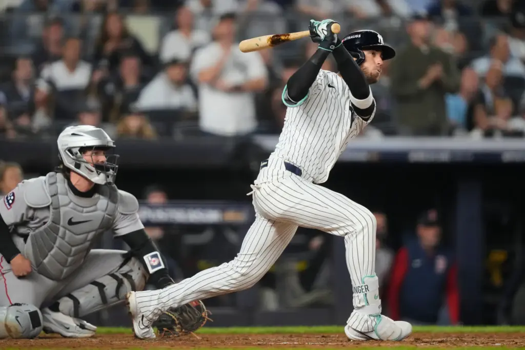 The New York Yankees’ Cody Bellinger hits an RBI single...