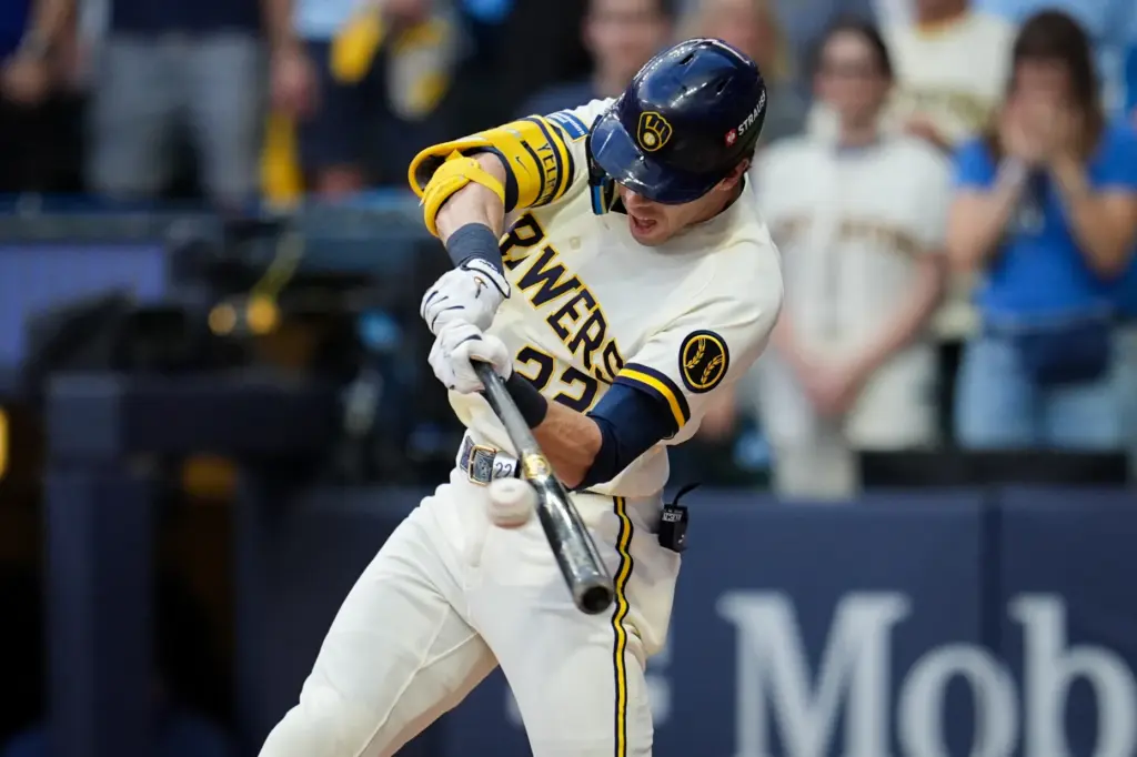 Milwaukee Brewers designated hitter Christian Yelich connects for a two-run...