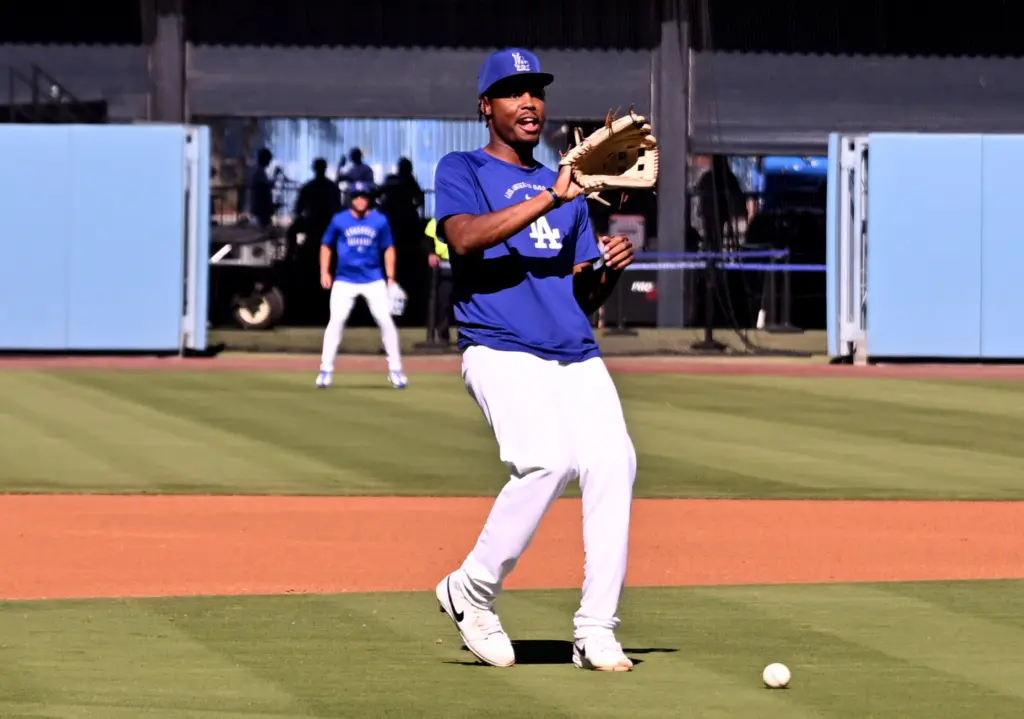 Dodgers rookie Josue De Paula works out in the infield...