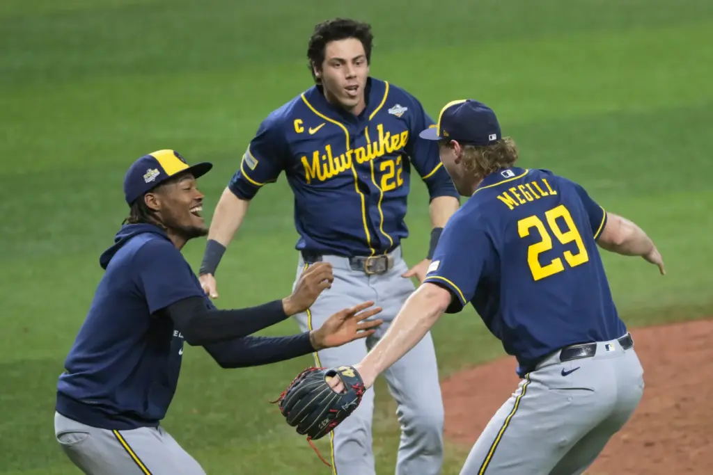 The Milwaukee Brewers celebrate after winning baseball’s World Series against...