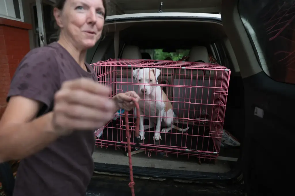 Gina Holland evacuates her home with her dog Cici before...