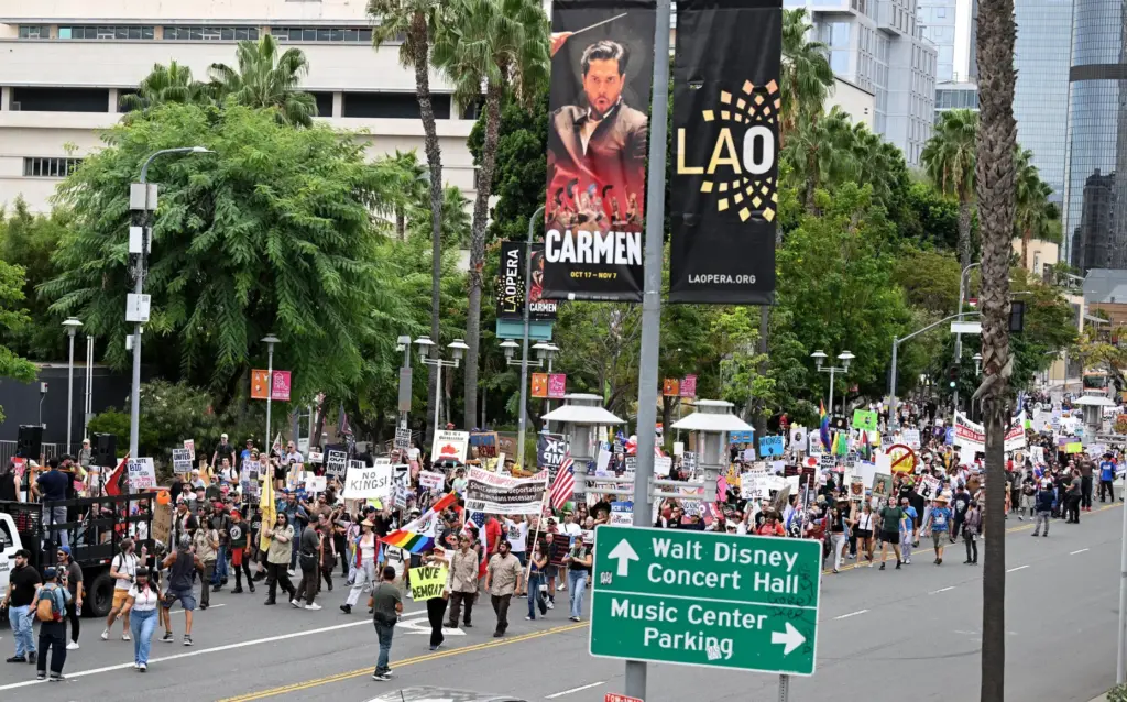 No Kings protesters rally and march in downtown Los Angeles...