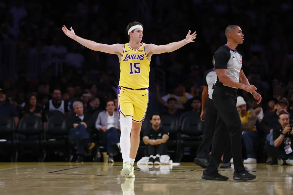 Lakers guard Austin Reaves reacts to a foul call during...