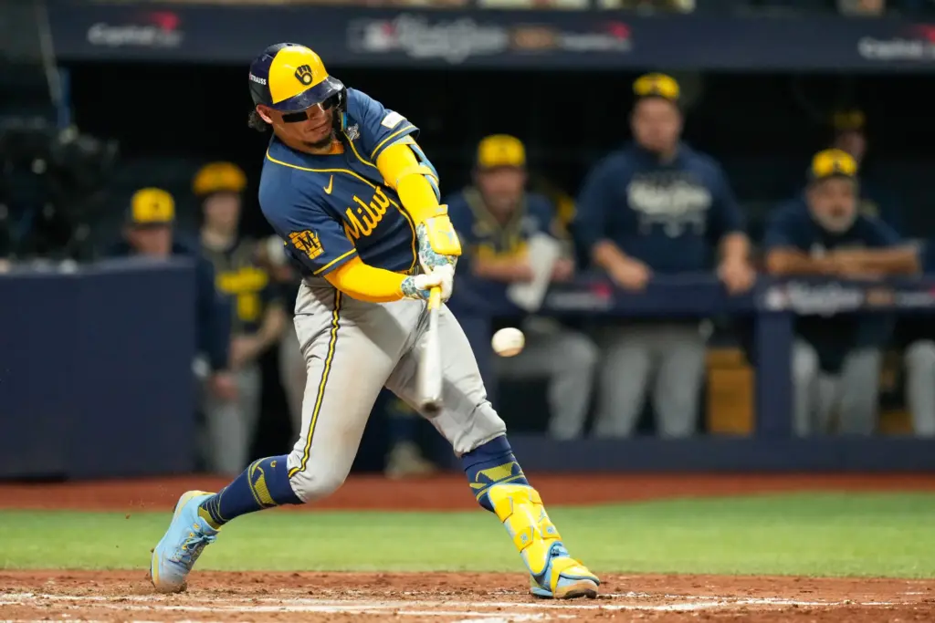 The Milwaukee Brewers’ William Contreras hits an RBI double during...