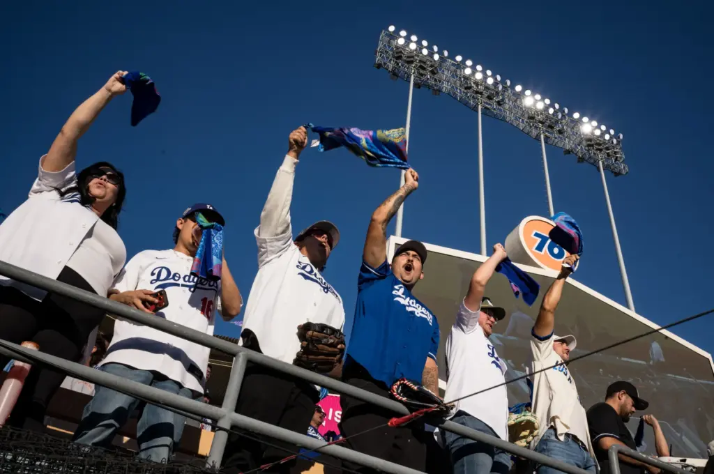 Dodgers fans cheer during player introductions before Game 4 of...