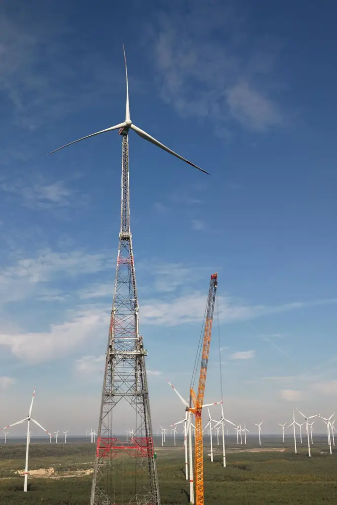 A newly constructed wind turbine stands in Schipkau, Germany.