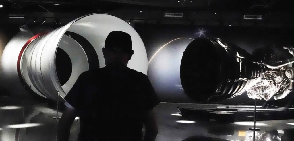 A close up of shuttle engines on display as the...