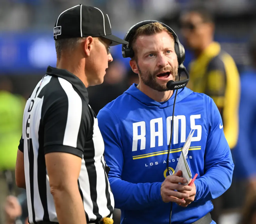 Rams head coach Sean McVay calls a timeout to down...